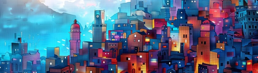 Mosaic Metropolis at Twilight background, A sprawling, futuristic cityscape comes alive with a kaleidoscope of colorful buildings. glowing windows, reminiscent of a vibrant mosaic under a twilight sky - obrazy, fototapety, plakaty