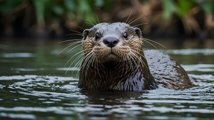As the world's largest otter species, these playful and sociable animals are often seen swimming in the rivers and lakes of the Amazon. They hunt fish in groups and communicate with a variety of vocal - obrazy, fototapety, plakaty
