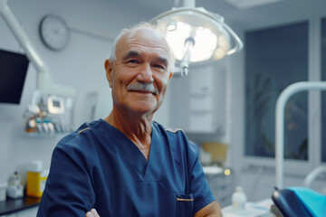 Senior male doctor or surgeon with mustache in operating room smiling at camera close up, health and medicine
