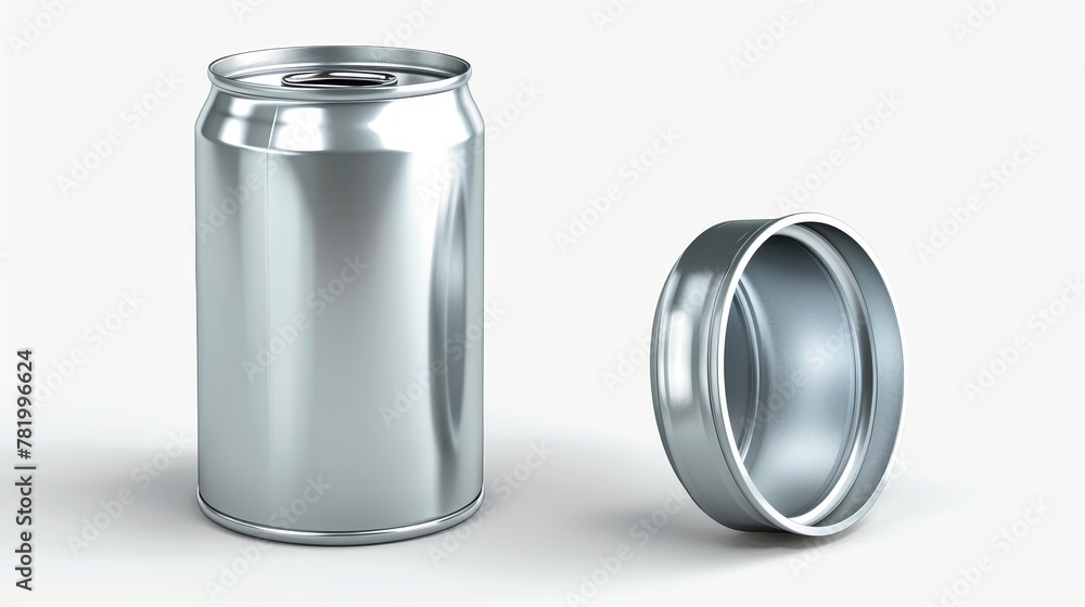 Poster mockup of realistic 3d modern mockup of tin can with open key in front and at an angle. blank cylind