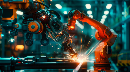 Industrial robots are welding automotive parts in modern factory. - obrazy, fototapety, plakaty