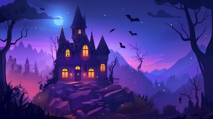 Fantasy Dracula home with pointed tower roofs, glowing windows and bats flying in dark sky. Gothic castle on rock at night, ghostly gothic palace in the mountains, cartoon modern illustration of a