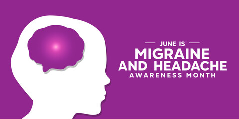 June is Migraine And Headache Awareness Month. Men and brain. Great for cards, banners, posters, social media and more. Purple background.