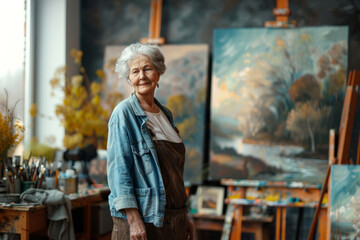 An elderly woman with gray hair painting a picture with pastels in the studio, looking into the lens
 - Powered by Adobe