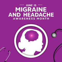 June is Migraine And Headache Awareness Month. Women, brain and stethoscope. Great for cards, banners, posters, social media and more. Purple background.