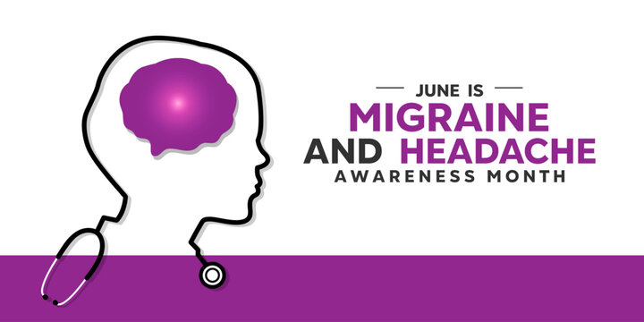 June is Migraine And Headache Awareness Month. Brain and human shaped stethoscope. Great for cards, banners, posters, social media and more. Purple background.