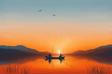 Serene lake fishing at dawn, tranquil, nature, leisure - obrazy, fototapety, plakaty