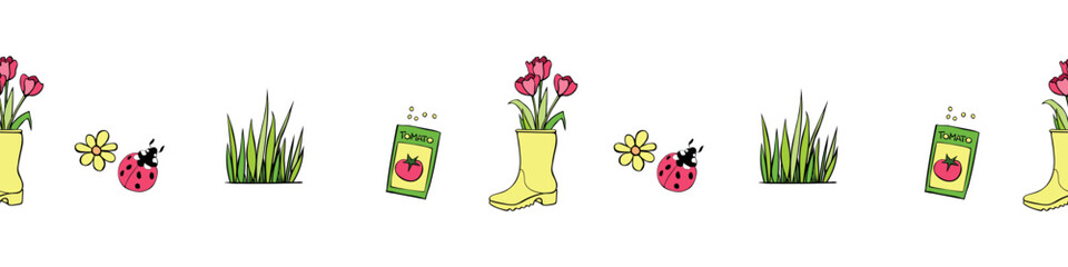Edging, ribbon, border with boots with spring flowers tulips, seeds and garden insects. Vector color seamless pattern,decorative element on topic of growing and caring for plants, gardening