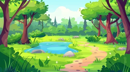 Fotobehang Animated cartoon forest background with pond, swamp and trail. Nature landscape with trees, green grass and bushes. Beautiful spring or summer wood area. © Mark