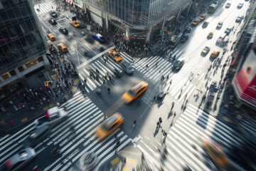 Taxis with people in motion on a busy street with pedestrian crossings, aerial view. Busy people on the move
