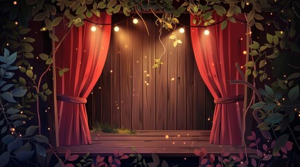 Theater festival cartoon poster with red curtains and wooden scene with glowing spotlights and garland. Modern illustration.