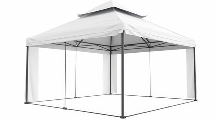 An outdoor awning for a party or festival, white folding promotion tent isolated on white background for marketing or exhibition. Modern realistic mockup of a festival awning for a party. - obrazy, fototapety, plakaty