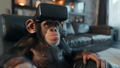 a monkey wearing virtual reality glasses sits on a chair in the house.
