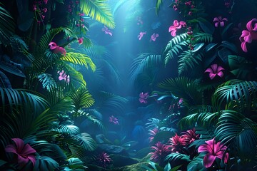 Fototapeta na wymiar Enchanted Neon Jungle - A Serene Digital Oasis. Concept Neon Lights, Enchanted Jungle, Serene Oasis, Digital Art, Relaxing Escape