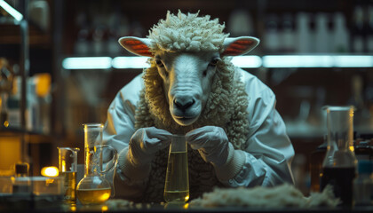 Sheep alchemist with test tubes in his hands conducts experiments in the laboratory with a vaccine.
