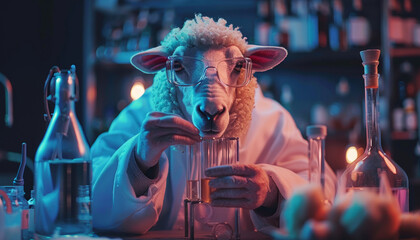 Sheep alchemist with test tubes in his hands conducts experiments in the laboratory with a vaccine. - obrazy, fototapety, plakaty
