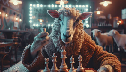 Chess piece in the hand of a sheep in a gambling logic game.