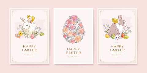 Happy easter postcard, web banner, poster, flyer or greeting card set with hand drawn easter bunny, easter egg, chicken and flowers. Vector illustration