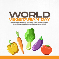 Vegetables including carrots, tomatoes, and eggplants on World Vegetarian Day poster
