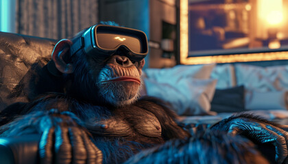 a monkey wearing virtual reality glasses sits on a chair in the house. - obrazy, fototapety, plakaty
