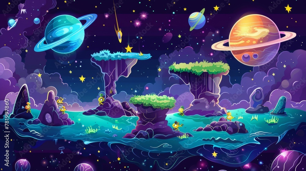 Aufkleber modern background of space game level map. cartoon illustration of cosmos and completed stages with 