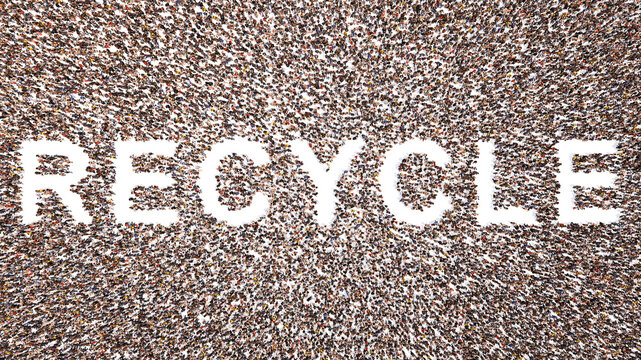 Concept conceptual large community of people forming the RECCYCLE word. 3d illustration metaphor for ecology, environment, conservation, eco friendly, renewable resources  and alternative energy