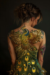 Back of a woman with a beautiful tattoo and makeup representing  an extravagant peacock , isolated on black background
