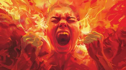 Foto auf Alu-Dibond Fiery wrath incarnate, a person overcome with rage, engulfed in the flames of fury, red color © AIchemist