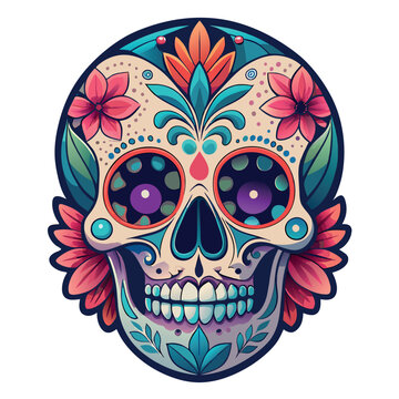Day of the dead colorful skull with flowers and leaves surrounding it