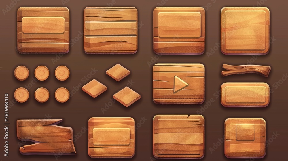 Poster an icon set of wooden buttons for user interface design in games, video players, and websites. this 