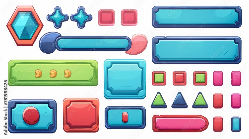 Poster a cartoon interface elements set of game frames, bars, and menu buttons. blue, red, and green scales