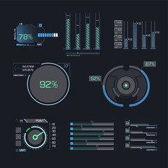 Futuristic user interface elements arrow, button, frame. 
Holographic elements of the hud user interface. 
A set of illustrations of interface icon. Panels, hologram window or display
