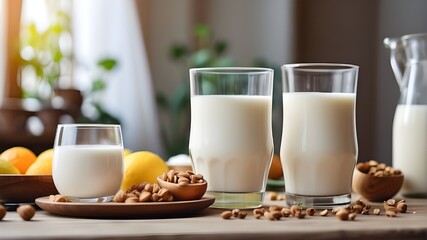 the table has two cups of milk. Family breakfast, the idea of good eating, 