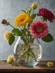 Vibrant display of flowers, each blooming with life, color, captured in clear glass vase filled with water, ice. Yellow gerbera daisies stand tall, their petals radiating warmth, sunshine.