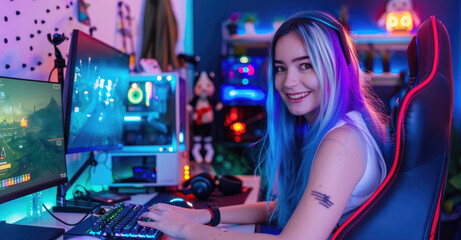 A young woman with blue hair and white highlights sits at her gaming setup in front of the monitor...