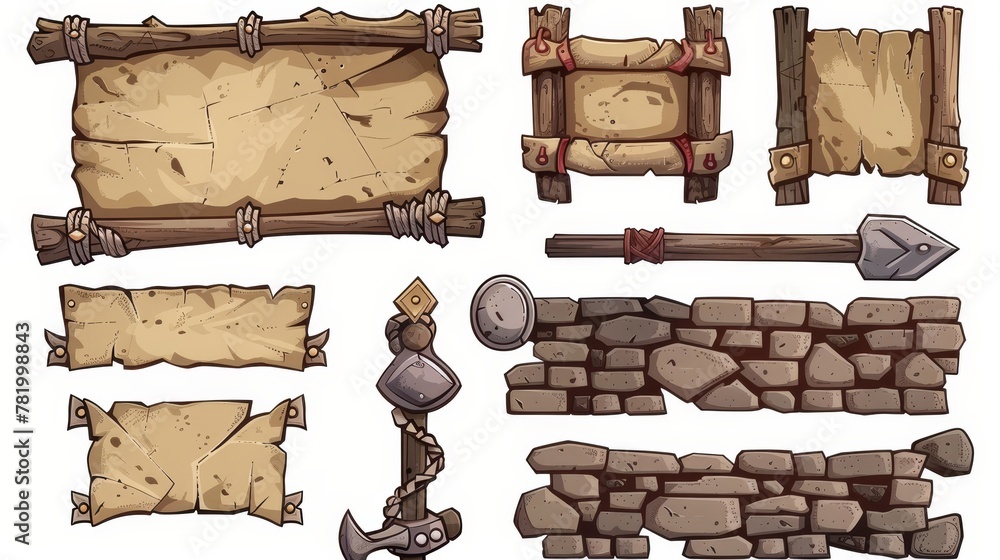 Poster this set includes game stone frames, bars, ui scrolls, boards with antique parchments, and menu butt