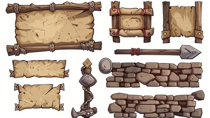 This set includes game stone frames, bars, UI scrolls, boards with antique parchments, and menu buttons. Cartoon interface elements, empty borders and banners, UI or GUI design scales, keys, and