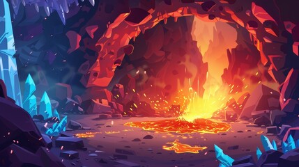 Modern cartoon illustration of underground volcano, tunnel in rock with molten magma, sparks and blue crystals in stone walls.