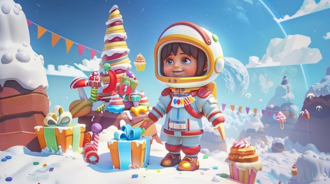 Cartoon illustration of a cute child astronaut on an alien planet with sweets and candies all around. Happy birthday, space party, celebration for a baby cosmonaut in his suit and helmet.