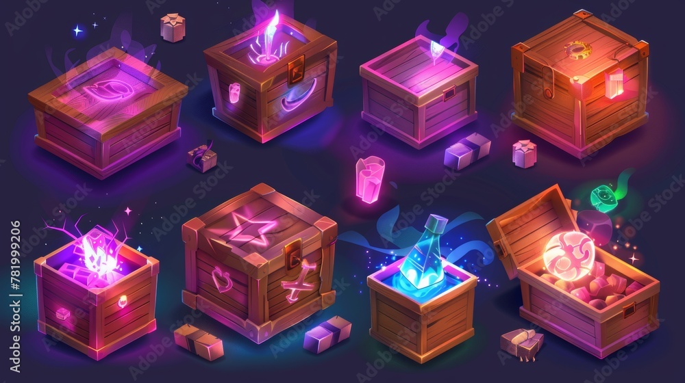 Poster an isometric set of wooden boxes with different signs and magic lights inside for use in game gui de