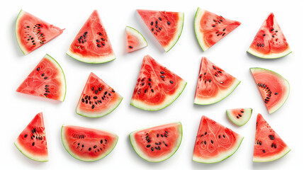 Top view of a vibrant set of fresh watermelon slices isolated on a white background, showcasing the juicy red flesh and contrasting green rind.This image captures the essence of summer with watermelon