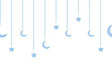 Crescent and star. Hanging blue decoration for Ramadan. Seamless horizontal vector border. Festive curtains on threads of different lengths. Isolated colorless background. Gradient. Endless ornament 