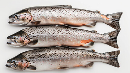 Fototapeta premium Top view of whole salmon isolated on a white background, presenting the entire fish with its gleaming, pinkish flesh and silver scales. This image captures the freshness and high quality of the salmon
