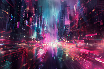 Abstract art of a bustling cityscape at night