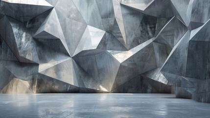 Abstract dark concrete 3d interior with polygonal pattern background, modern interior lobby banner