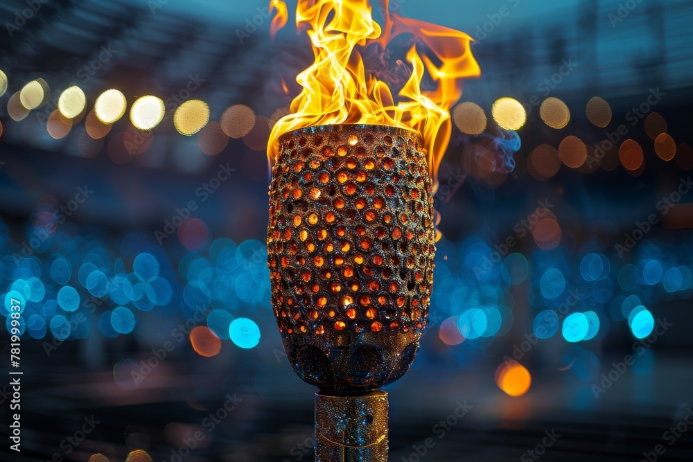 Poster a mesmerizing torch with fierce flames casting a warm glow against a bokeh light background, symboli