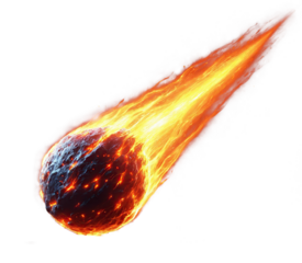 A glowing meteor with a tail of red-hot flames, isolated background, transparent PNG