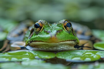 Obraz premium A vibrant green frog sits calmly on a lily pad, its eyes full of life and curiosity, amidst tranquil waters