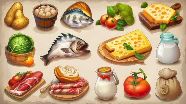 Illustration of food icons including ham, cheese, tomato, potato, milk bottle, bread, fish, steak and vegetables. A collection of cartoon modern elements including vegetables, farm products, fresh
