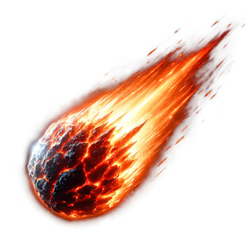 A glowing meteor with a tail of red-hot flames, isolated background, transparent PNG
